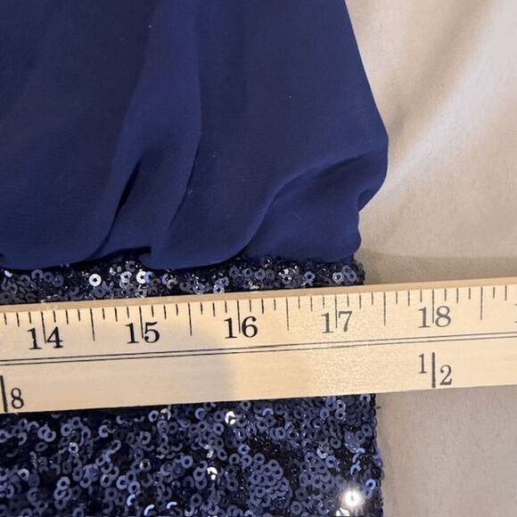 Aidan Mattox Blouson Mini Dress with Sequin Skirt Navy Blue Stretch Size 10 - Picture 13 of 15